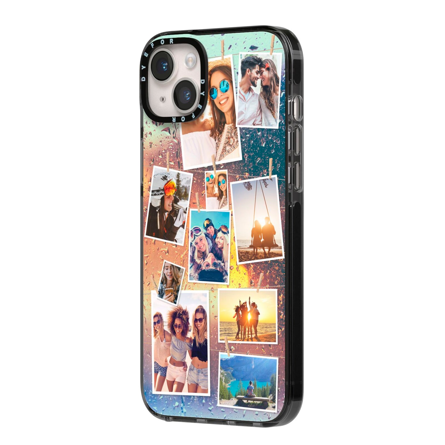 Rainy Evening Scene Photo Montage iPhone 14 Plus Black Impact Case Side Angle on Silver phone