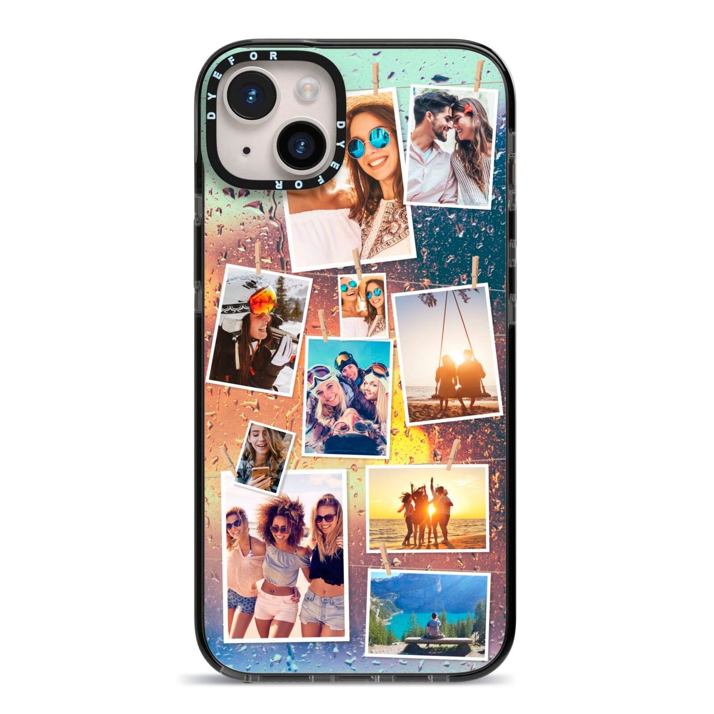 Rainy Evening Scene Photo Montage iPhone 14 Plus Black Impact Case on Silver phone
