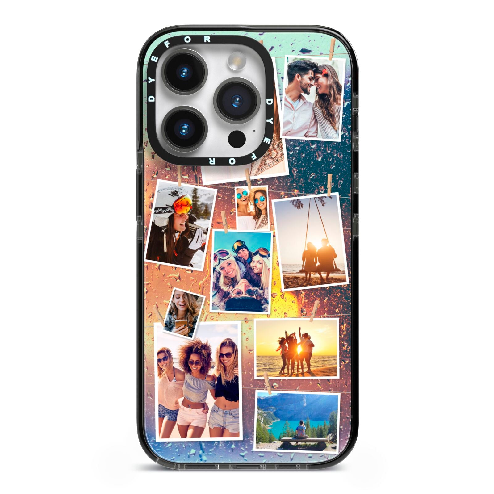 Rainy Evening Scene Photo Montage iPhone 14 Pro Black Impact Case on Silver phone