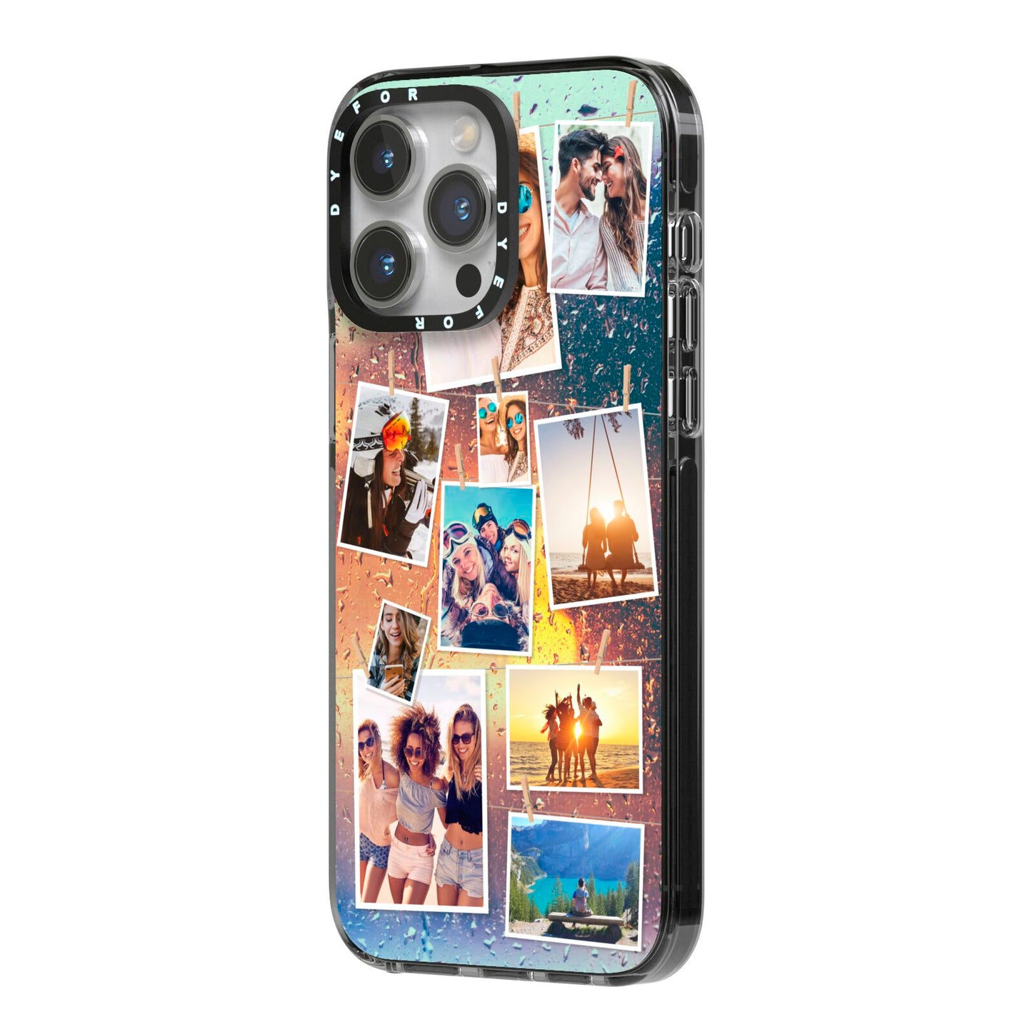 Rainy Evening Scene Photo Montage iPhone 14 Pro Max Black Impact Case Side Angle on Silver phone