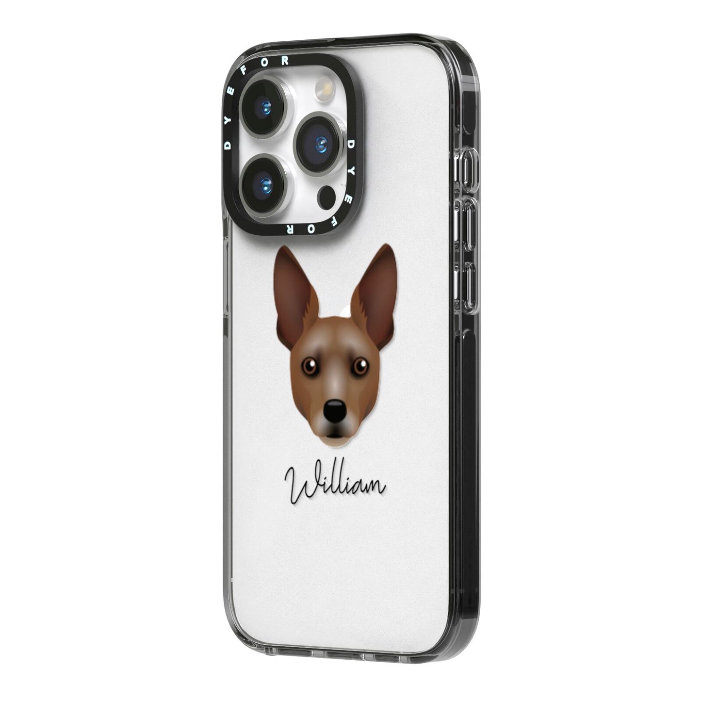 Rat Terrier Personalised iPhone 14 Pro Black Impact Case Side Angle on Silver phone