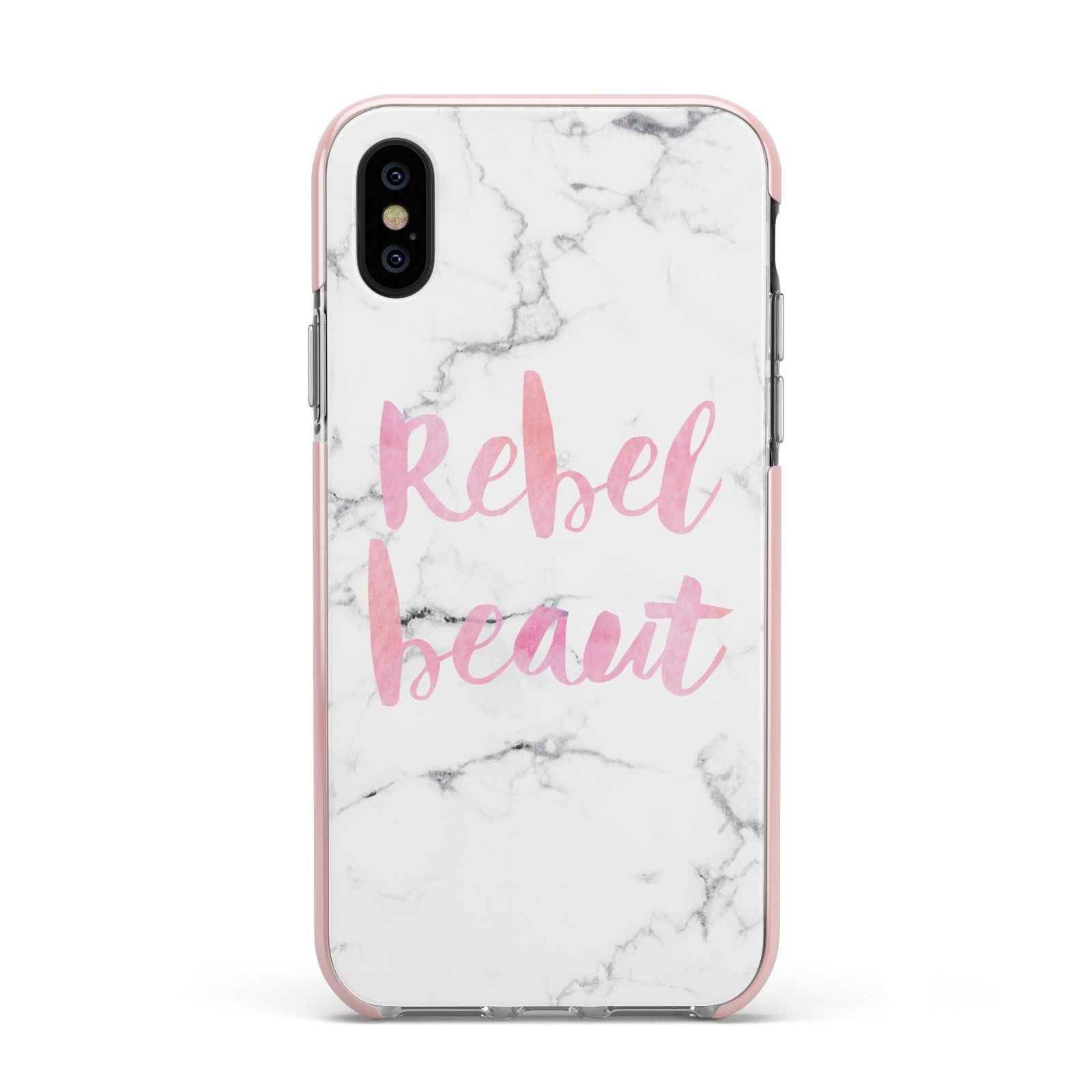 Rebel Heart Grey Marble Effect Apple iPhone Xs Impact Case Pink Edge on Black Phone