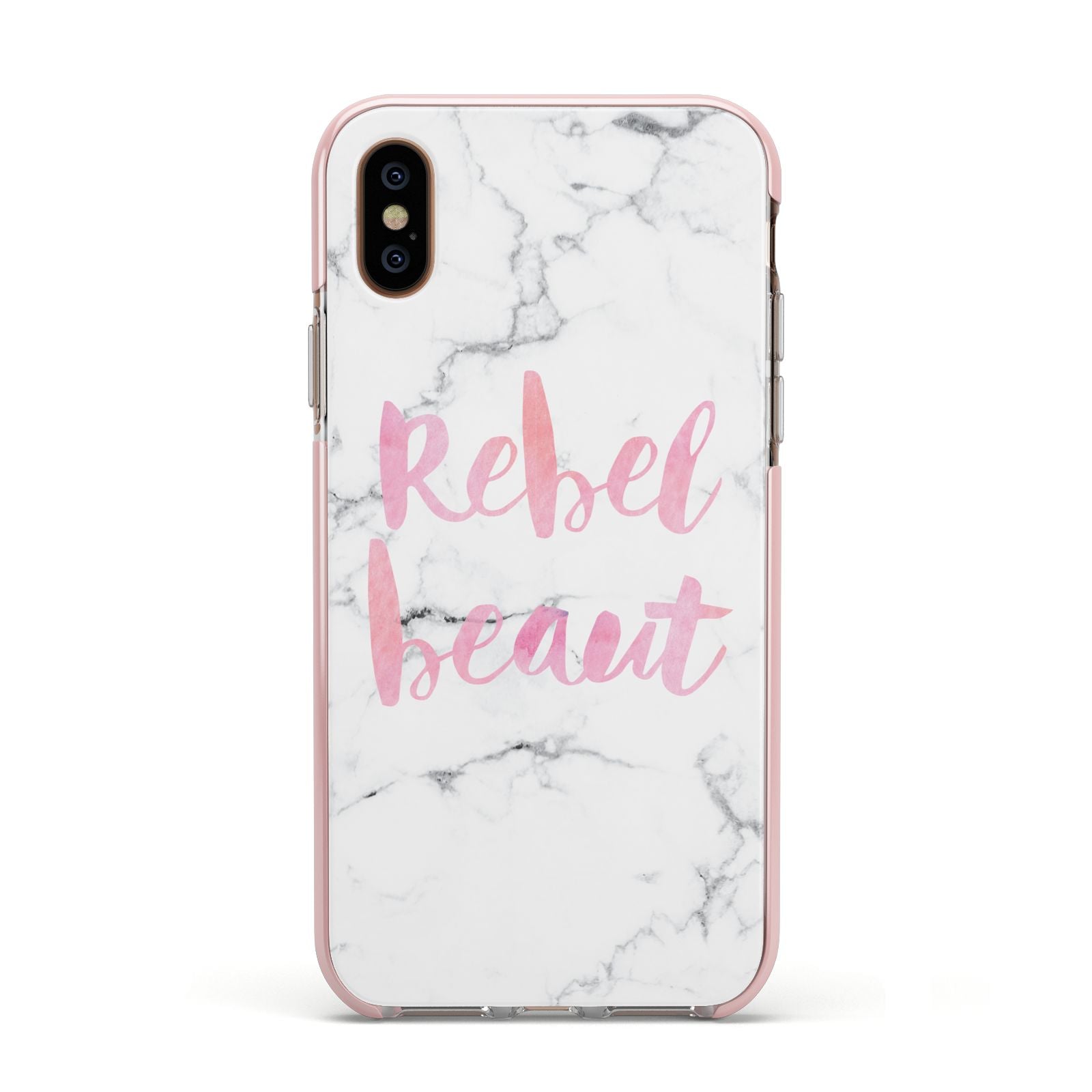 Rebel Heart Grey Marble Effect Apple iPhone Xs Impact Case Pink Edge on Gold Phone