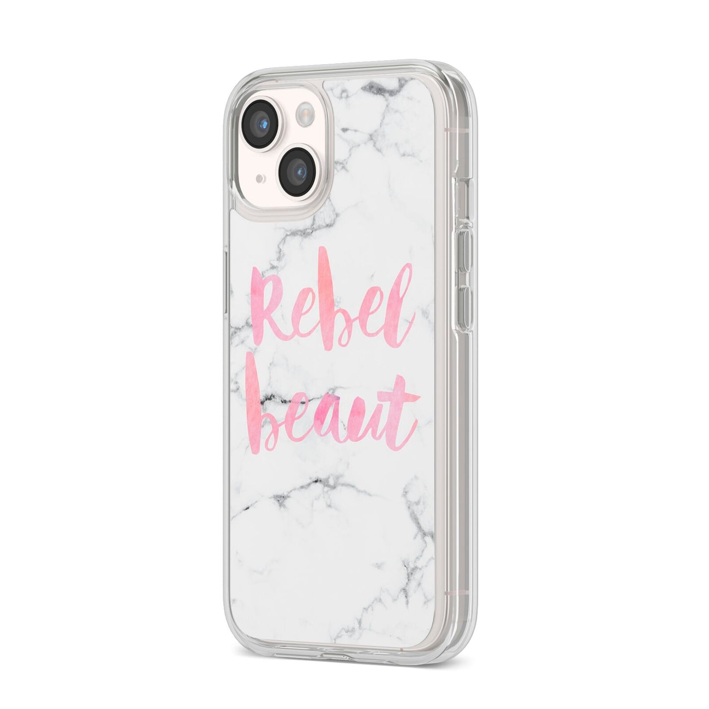 Rebel Heart Grey Marble Effect iPhone 14 Clear Tough Case Starlight Angled Image