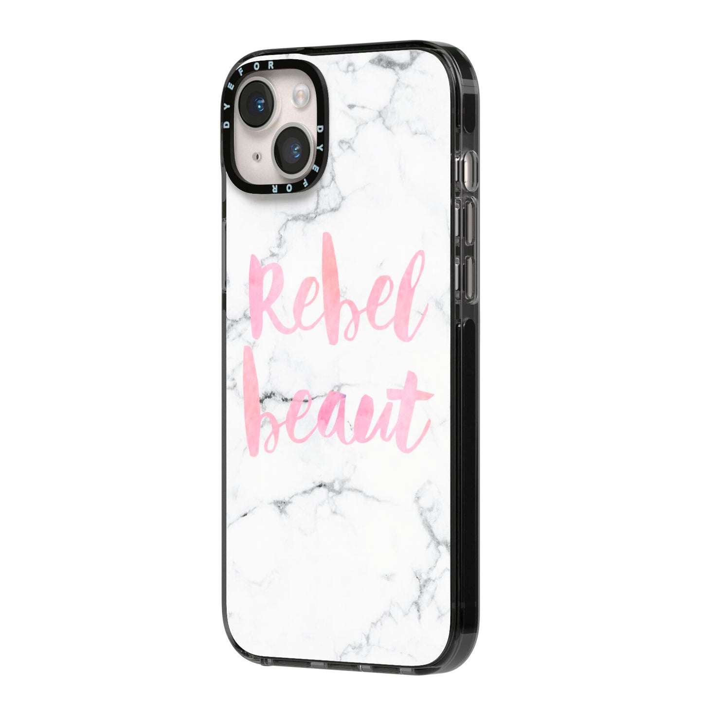 Rebel Heart Grey Marble Effect iPhone 14 Plus Black Impact Case Side Angle on Silver phone