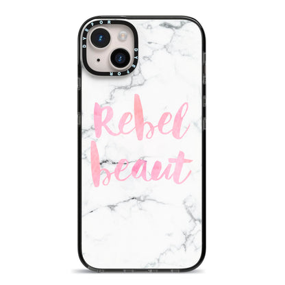 Rebel Heart Grey Marble Effect iPhone 14 Plus Black Impact Case on Silver phone