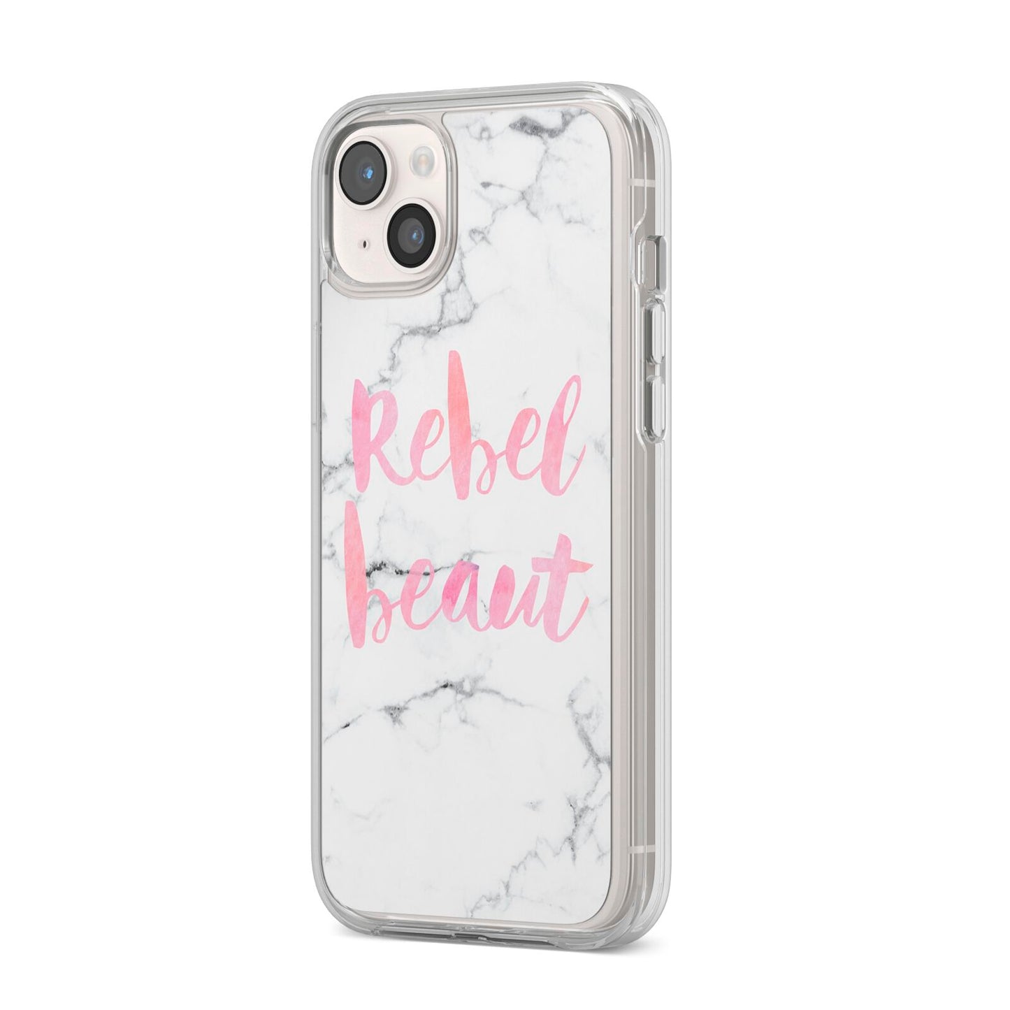 Rebel Heart Grey Marble Effect iPhone 14 Plus Clear Tough Case Starlight Angled Image