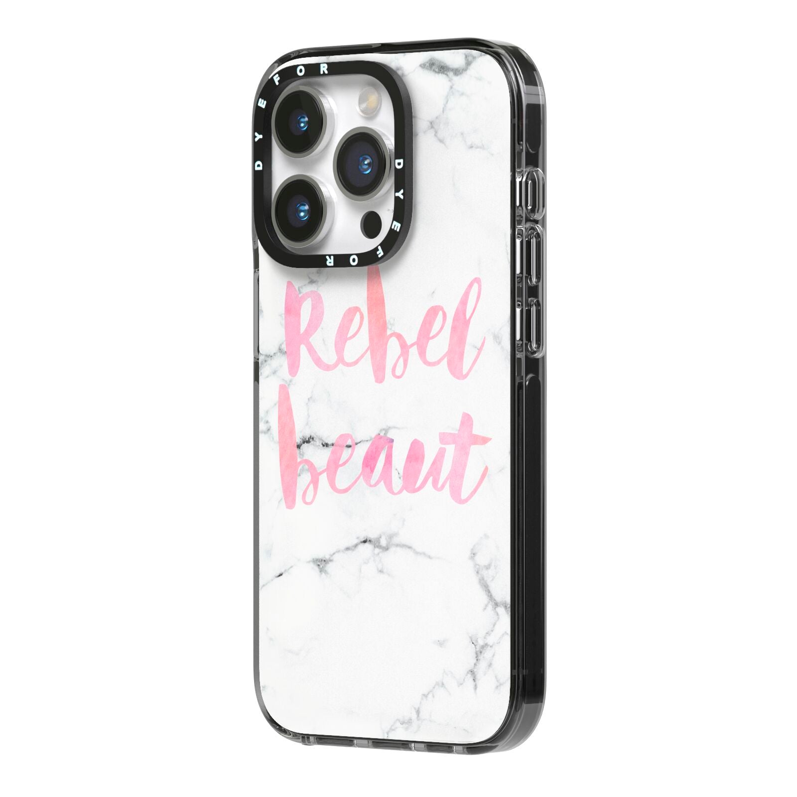 Rebel Heart Grey Marble Effect iPhone 14 Pro Black Impact Case Side Angle on Silver phone