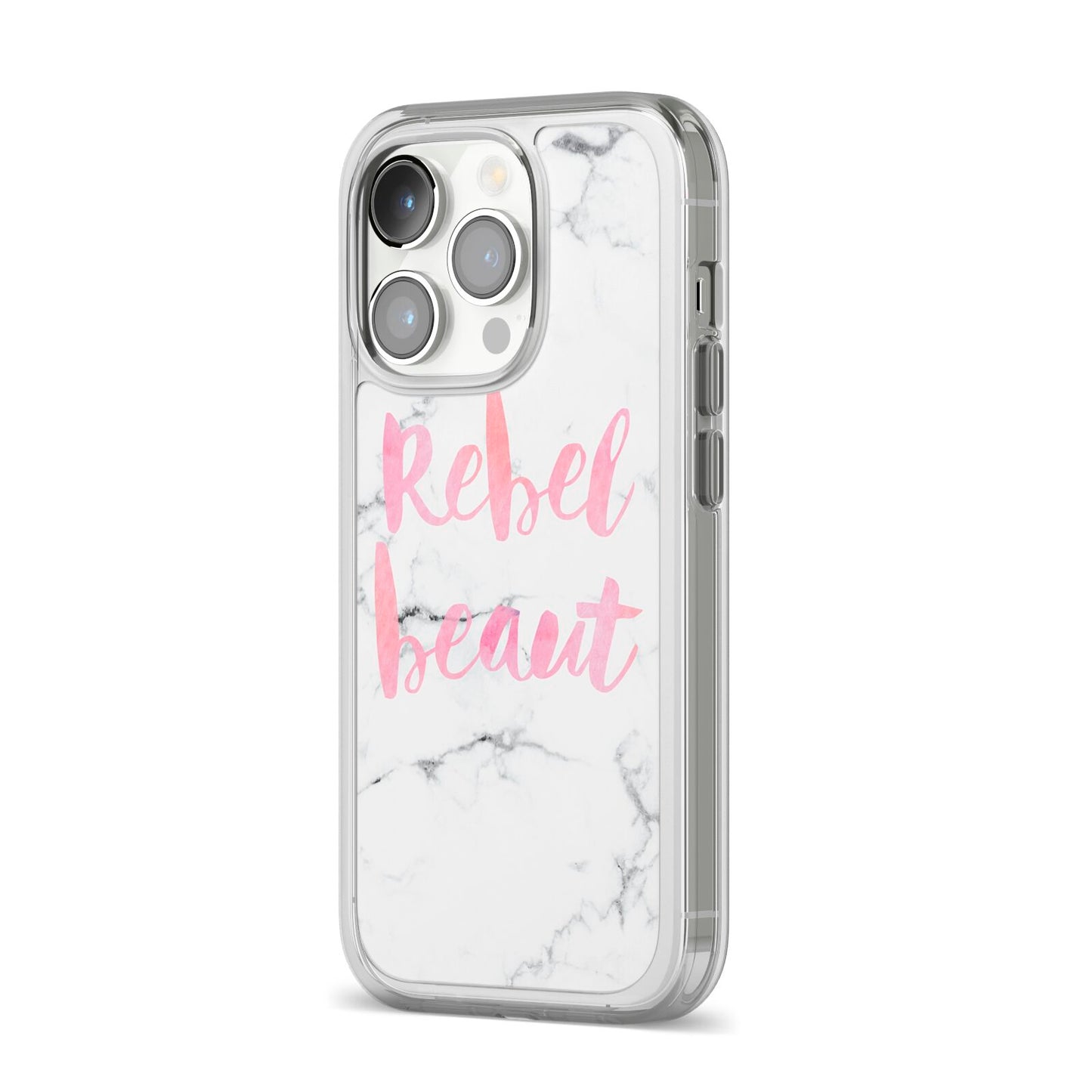 Rebel Heart Grey Marble Effect iPhone 14 Pro Clear Tough Case Silver Angled Image