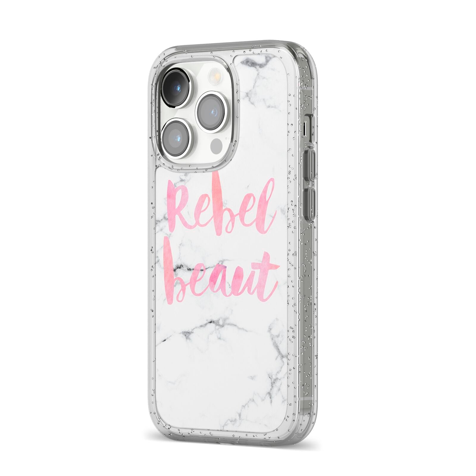 Rebel Heart Grey Marble Effect iPhone 14 Pro Glitter Tough Case Silver Angled Image