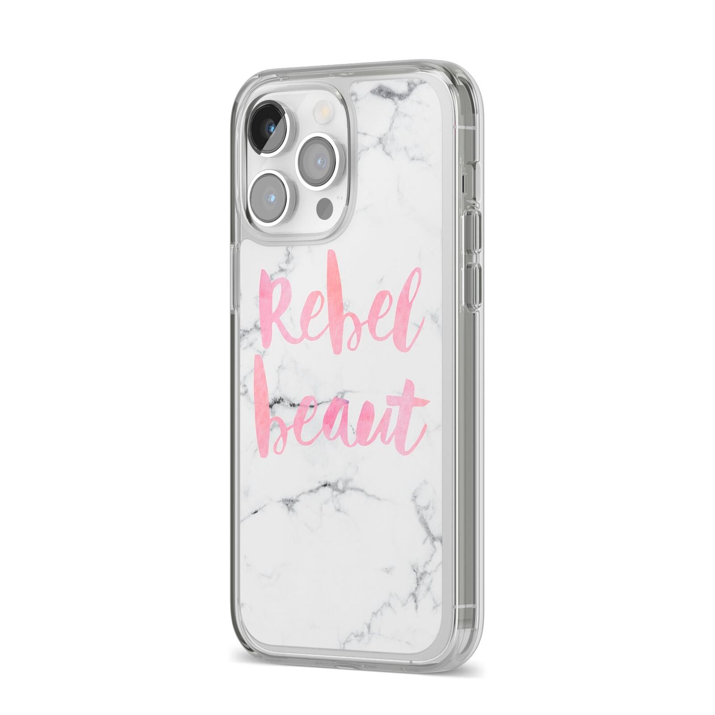 Rebel Heart Grey Marble Effect iPhone 14 Pro Max Clear Tough Case Silver Angled Image