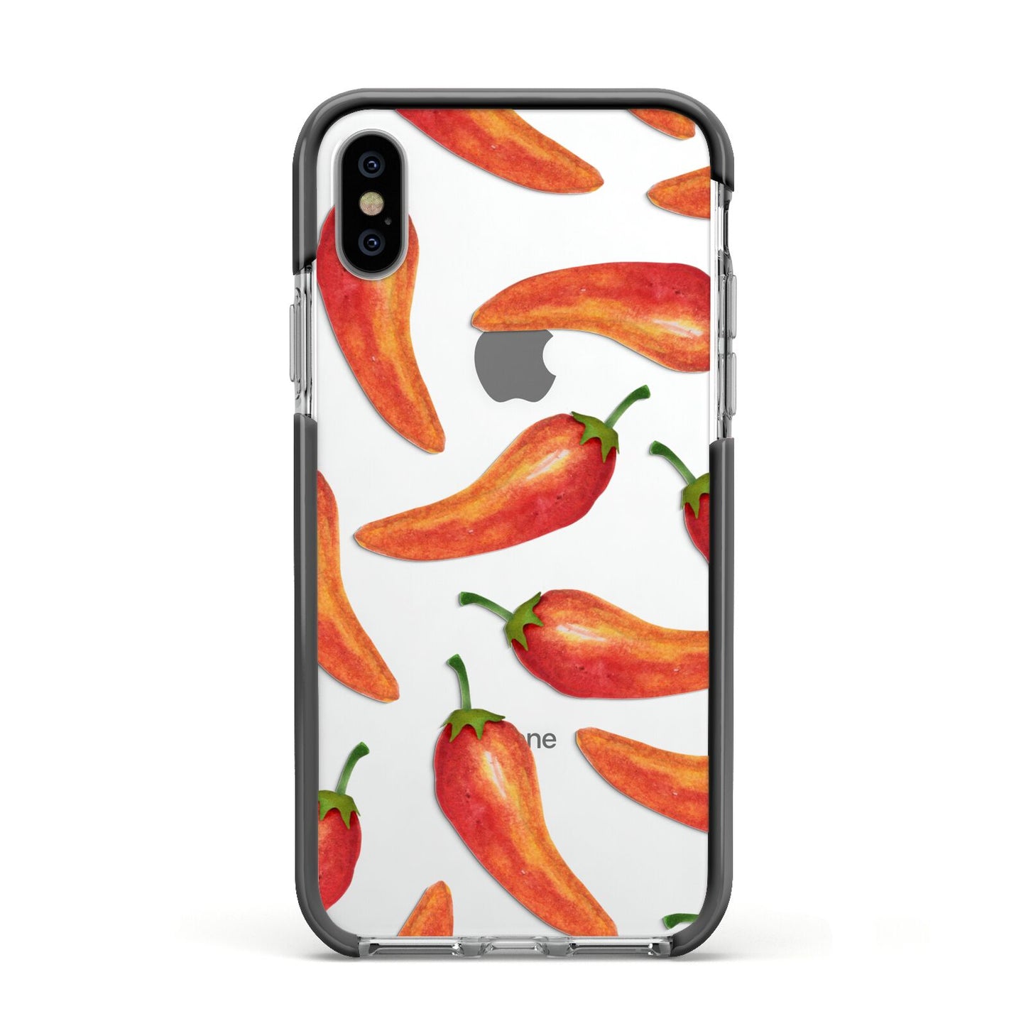 Red Chillies Apple iPhone Xs Impact Case Black Edge on Silver Phone