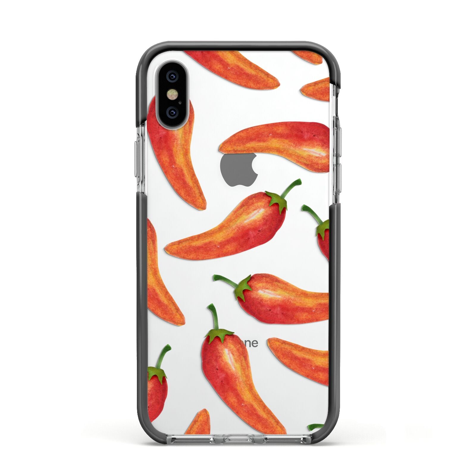 Red Chillies Apple iPhone Xs Impact Case Black Edge on Silver Phone