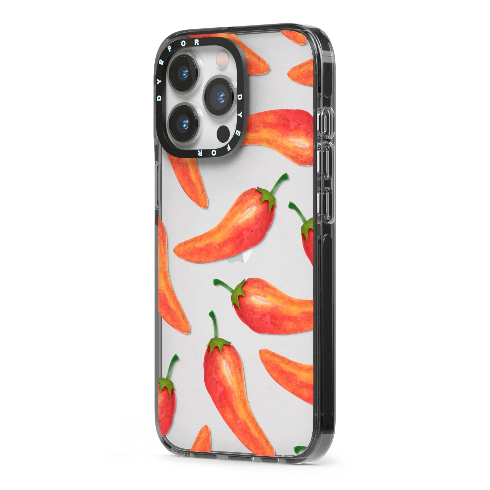 Red Chillies iPhone 13 Pro Black Impact Case Side Angle on Silver phone