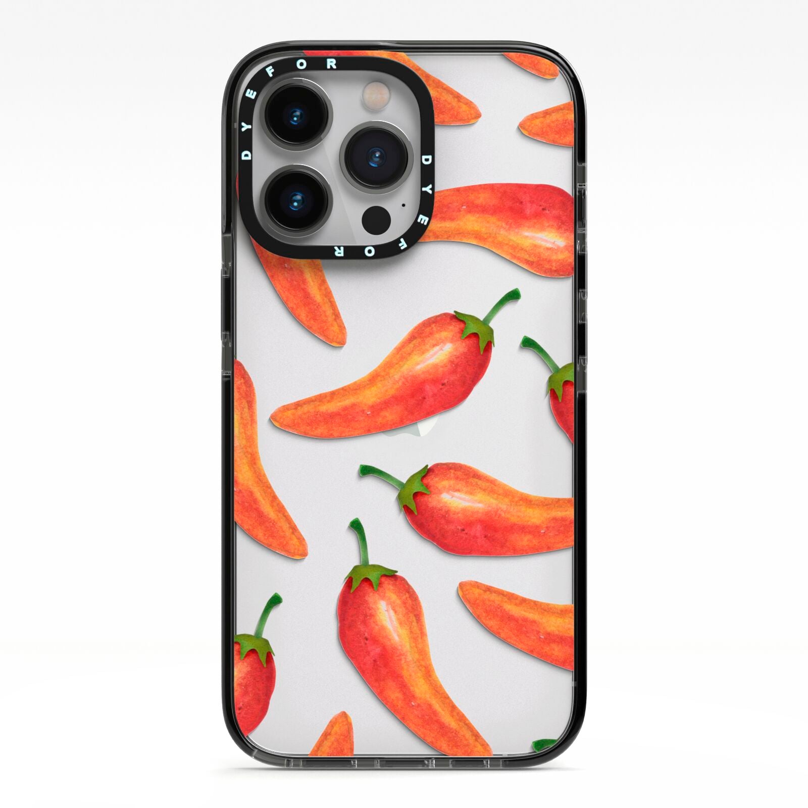 Red Chillies iPhone 13 Pro Black Impact Case on Silver phone