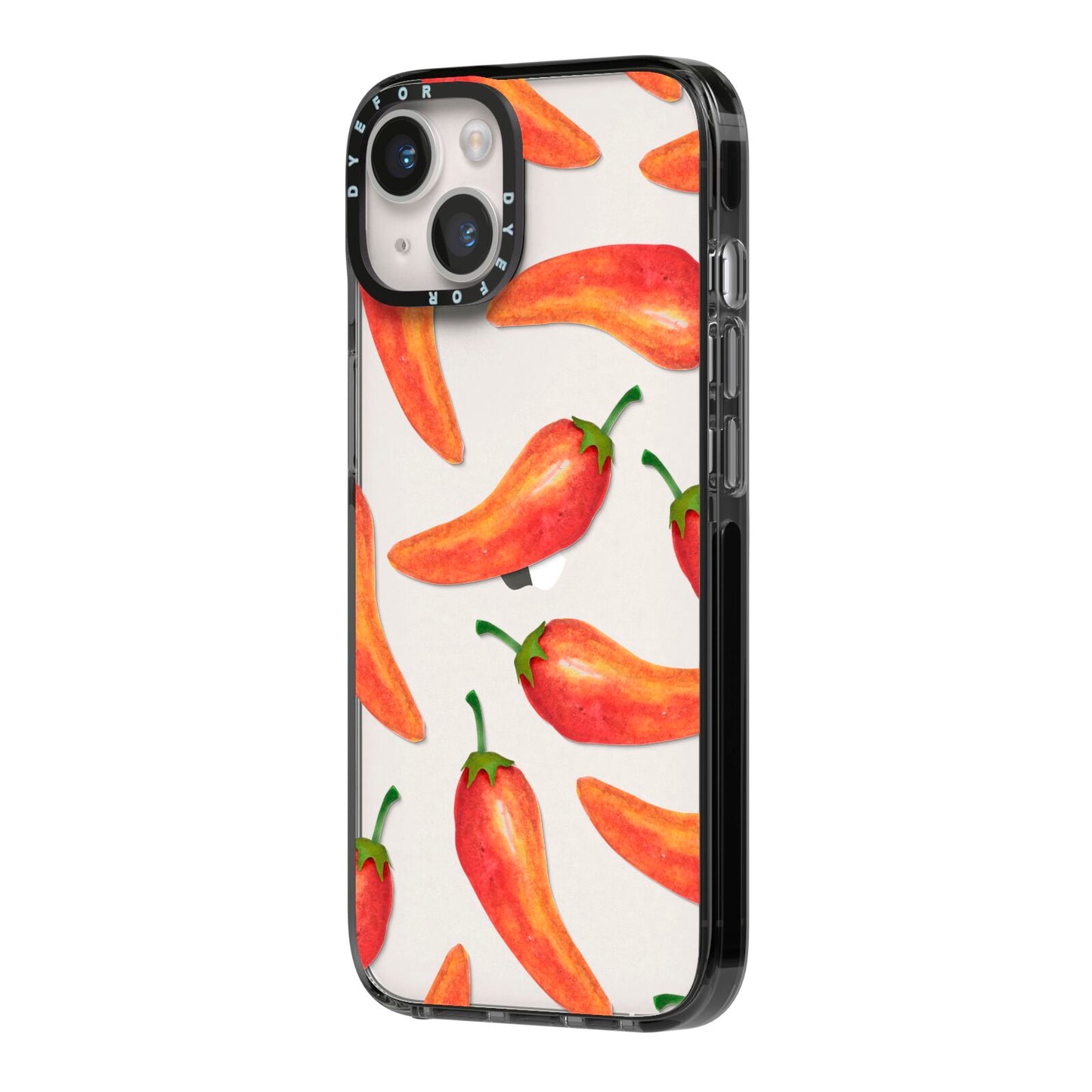 Red Chillies iPhone 14 Black Impact Case Side Angle on Silver phone