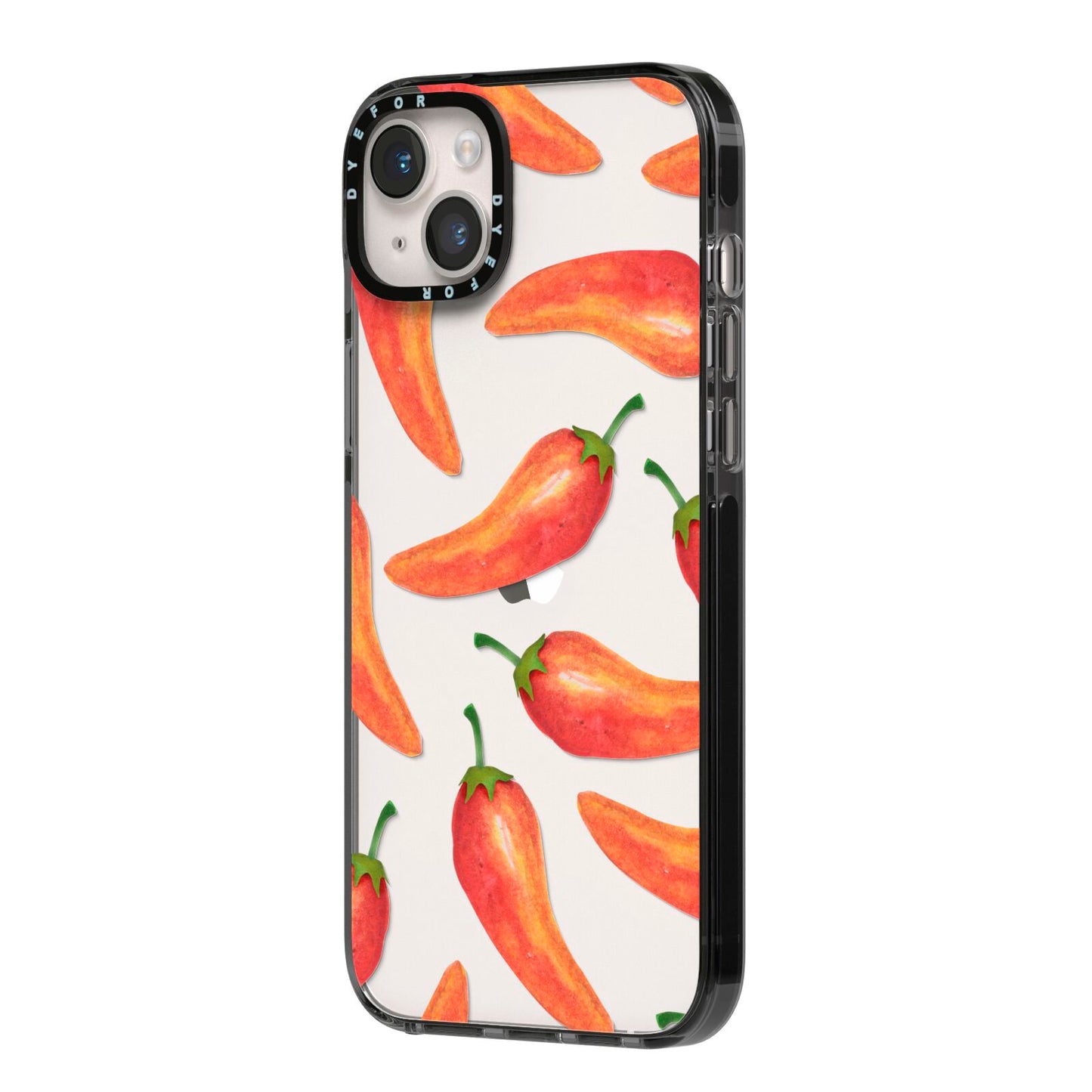 Red Chillies iPhone 14 Plus Black Impact Case Side Angle on Silver phone