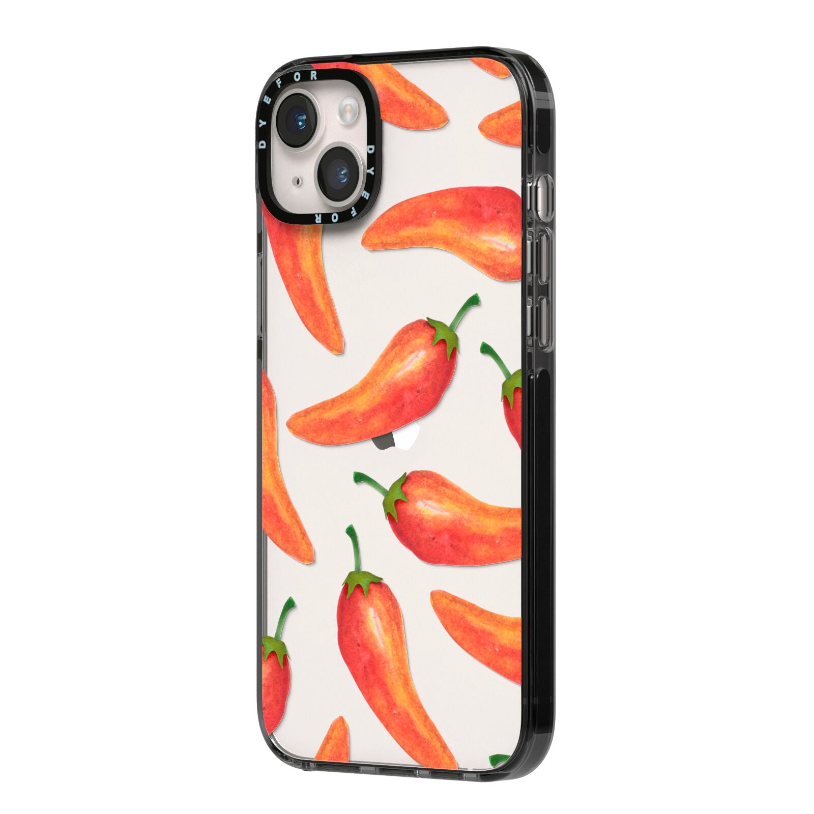 Red Chillies iPhone 14 Plus Black Impact Case Side Angle on Silver phone