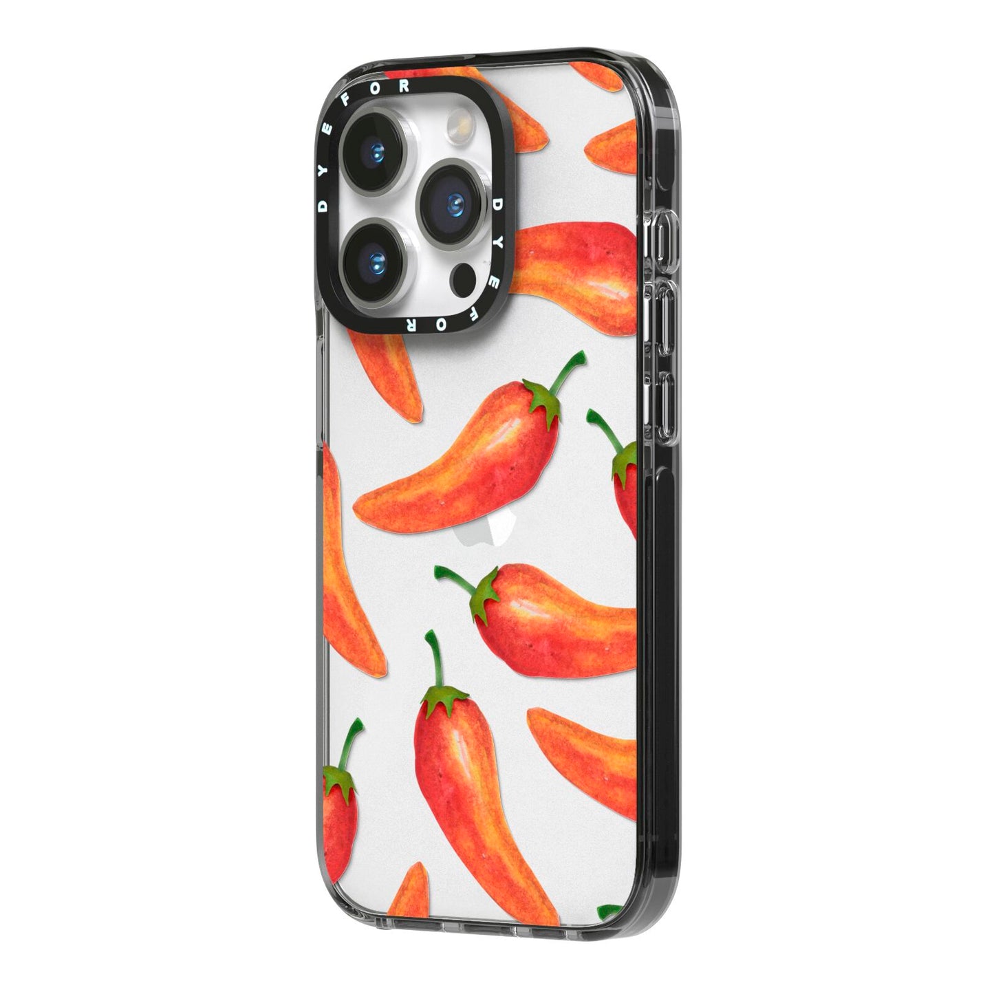 Red Chillies iPhone 14 Pro Black Impact Case Side Angle on Silver phone