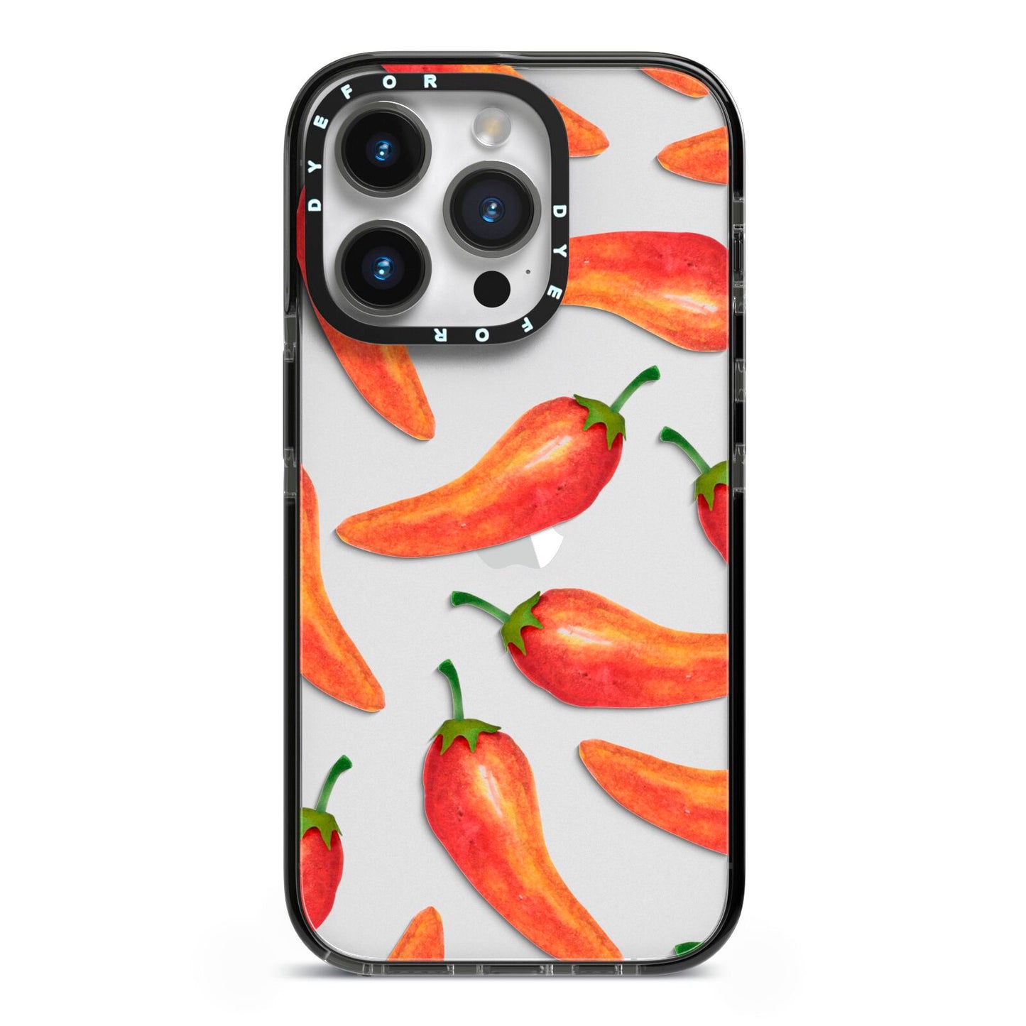 Red Chillies iPhone 14 Pro Black Impact Case on Silver phone