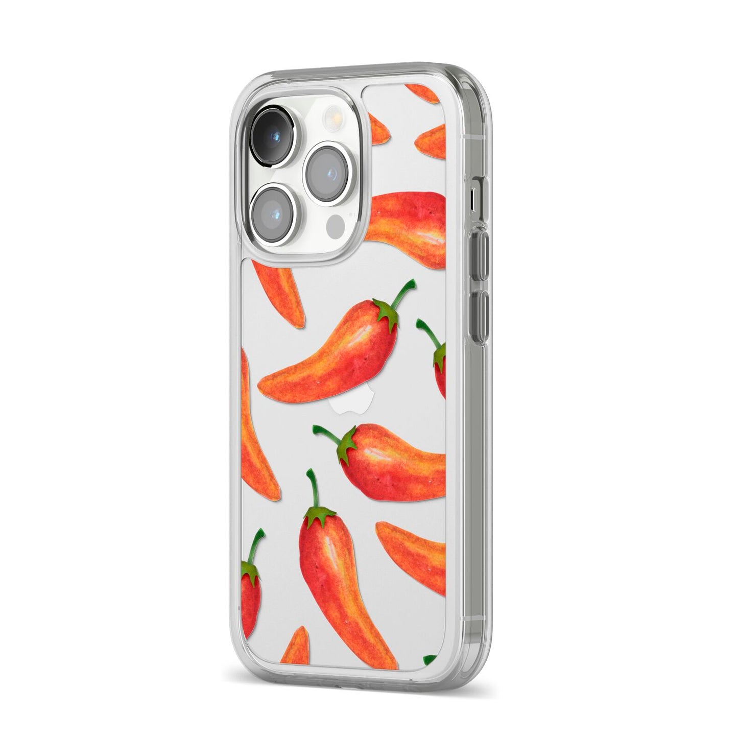 Red Chillies iPhone 14 Pro Clear Tough Case Silver Angled Image