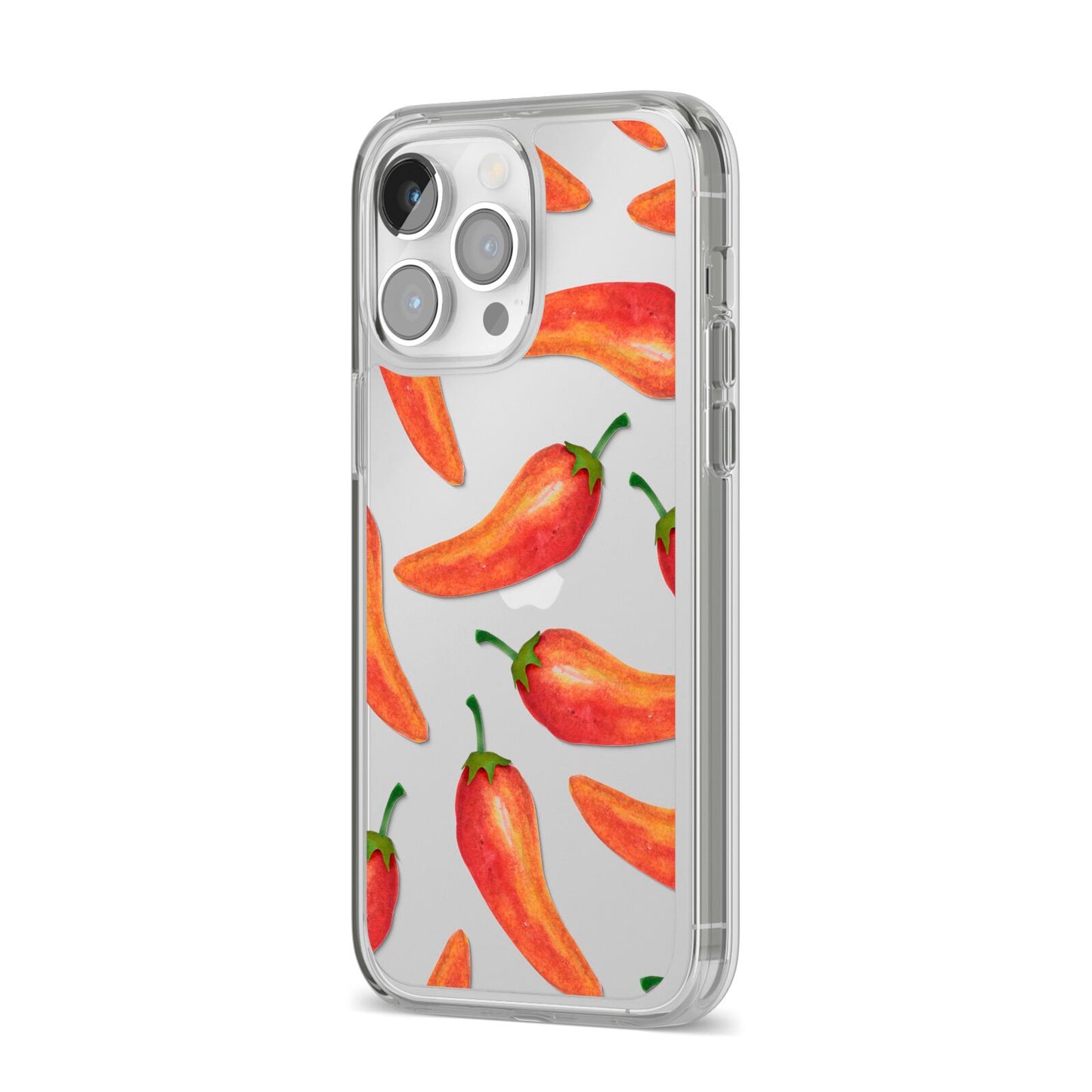 Red Chillies iPhone 14 Pro Max Clear Tough Case Silver Angled Image