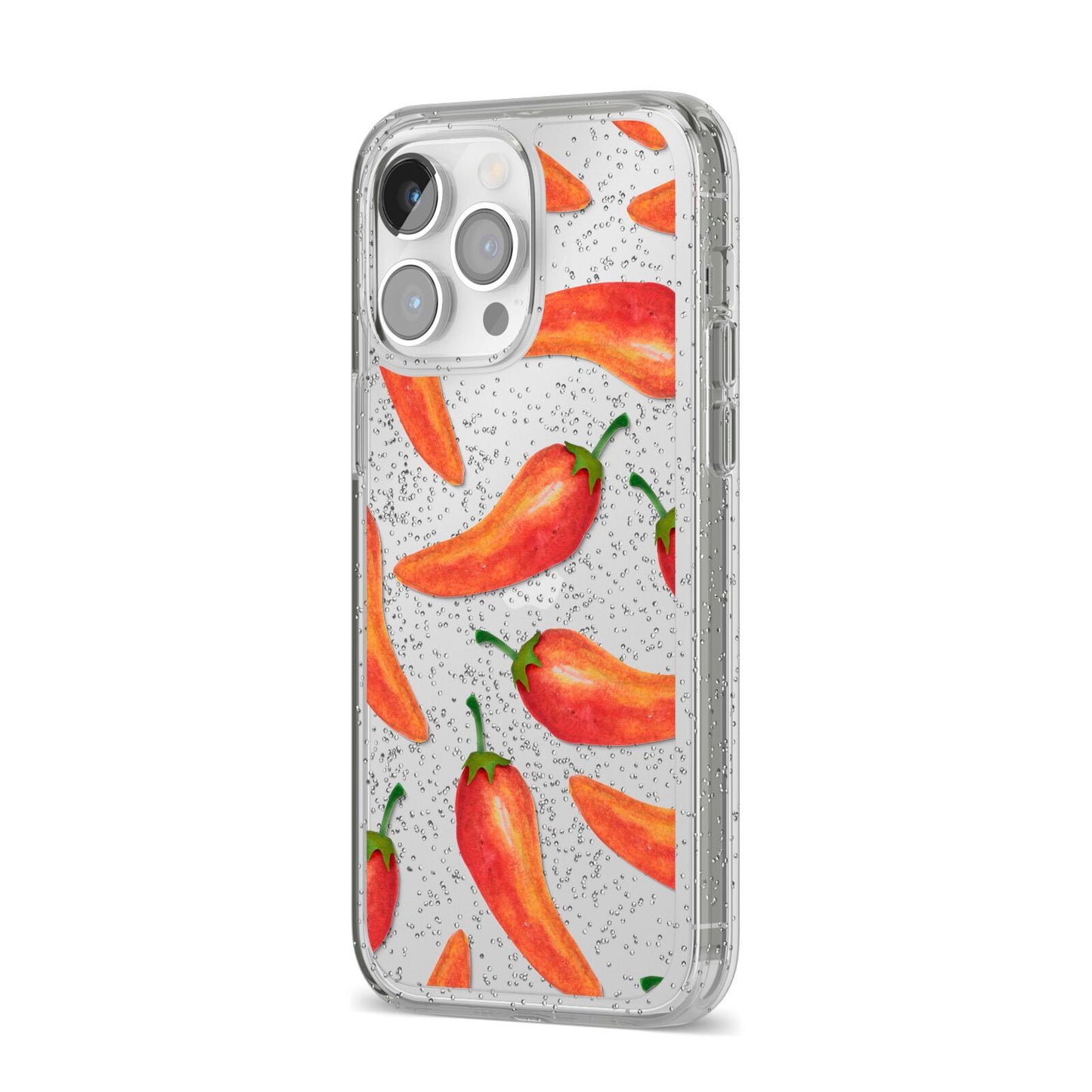 Red Chillies iPhone 14 Pro Max Glitter Tough Case Silver Angled Image