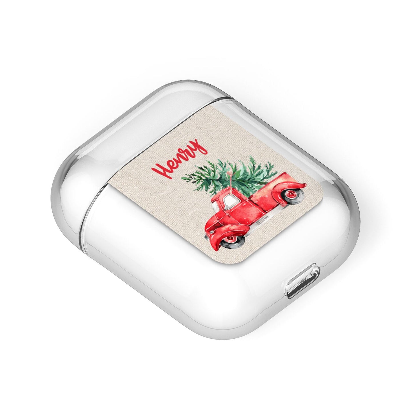 Red Christmas Truck Personalised AirPods Case Laid Flat