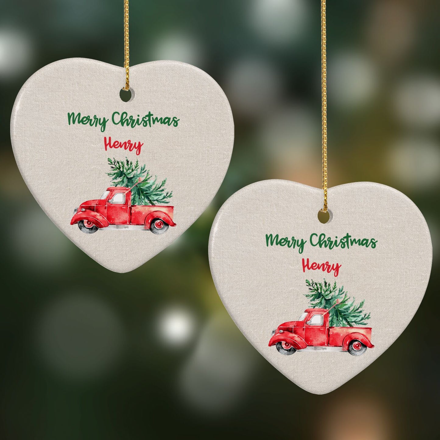 Red Christmas Truck Personalised Heart Decoration on Christmas Background