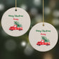 Red Christmas Truck Personalised Round Decoration on Christmas Background