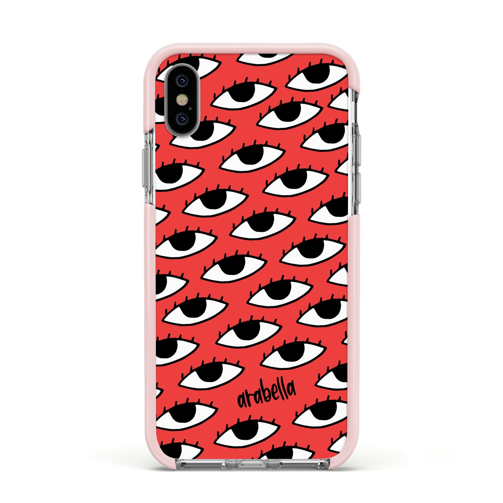 Red Eyes Custom Apple iPhone Xs Impact Case Pink Edge on Silver Phone