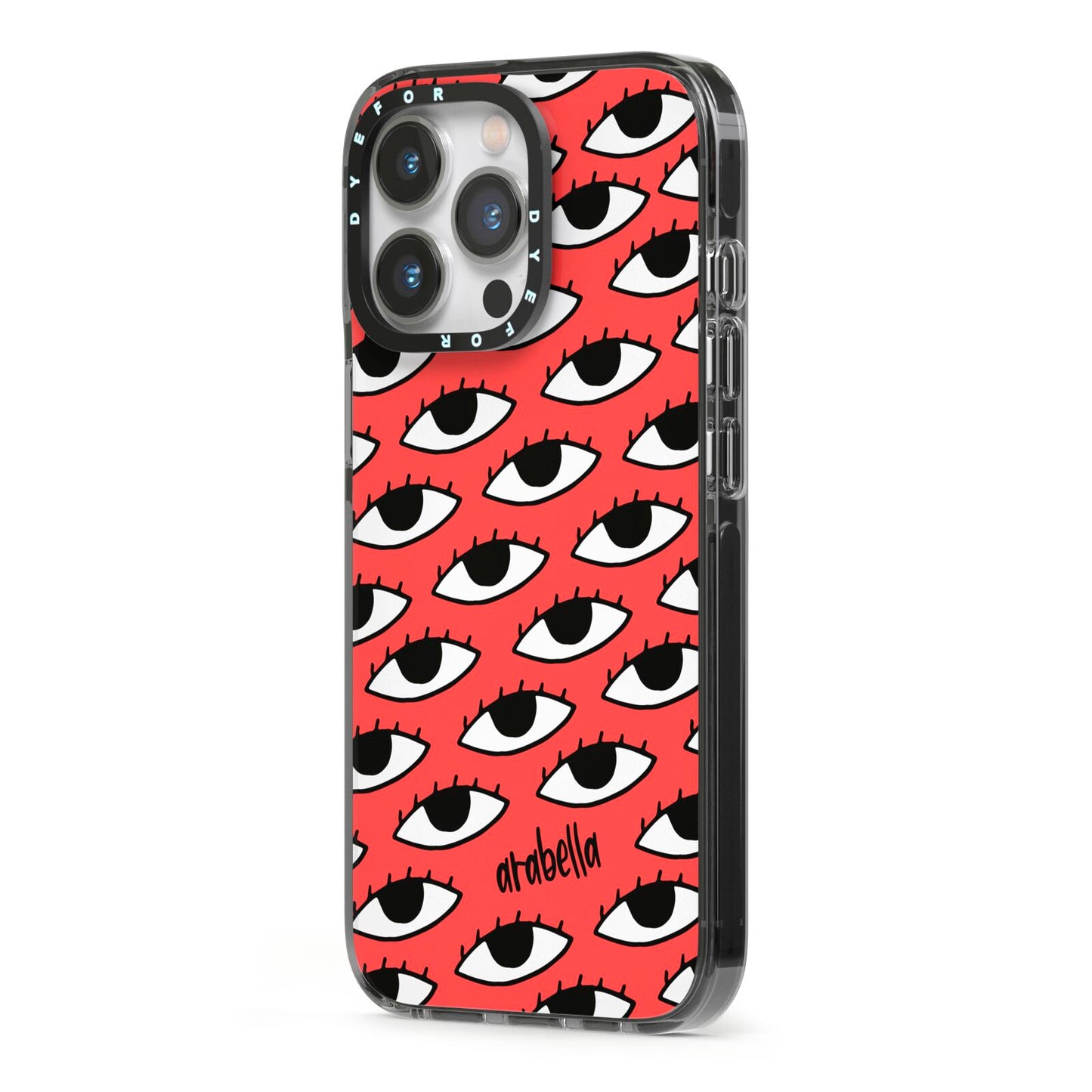 Red Eyes Custom iPhone 13 Pro Black Impact Case Side Angle on Silver phone