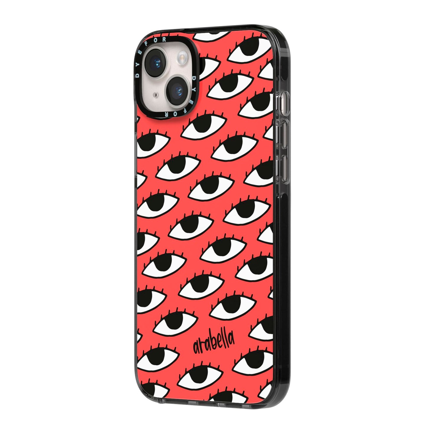 Red Eyes Custom iPhone 14 Plus Black Impact Case Side Angle on Silver phone