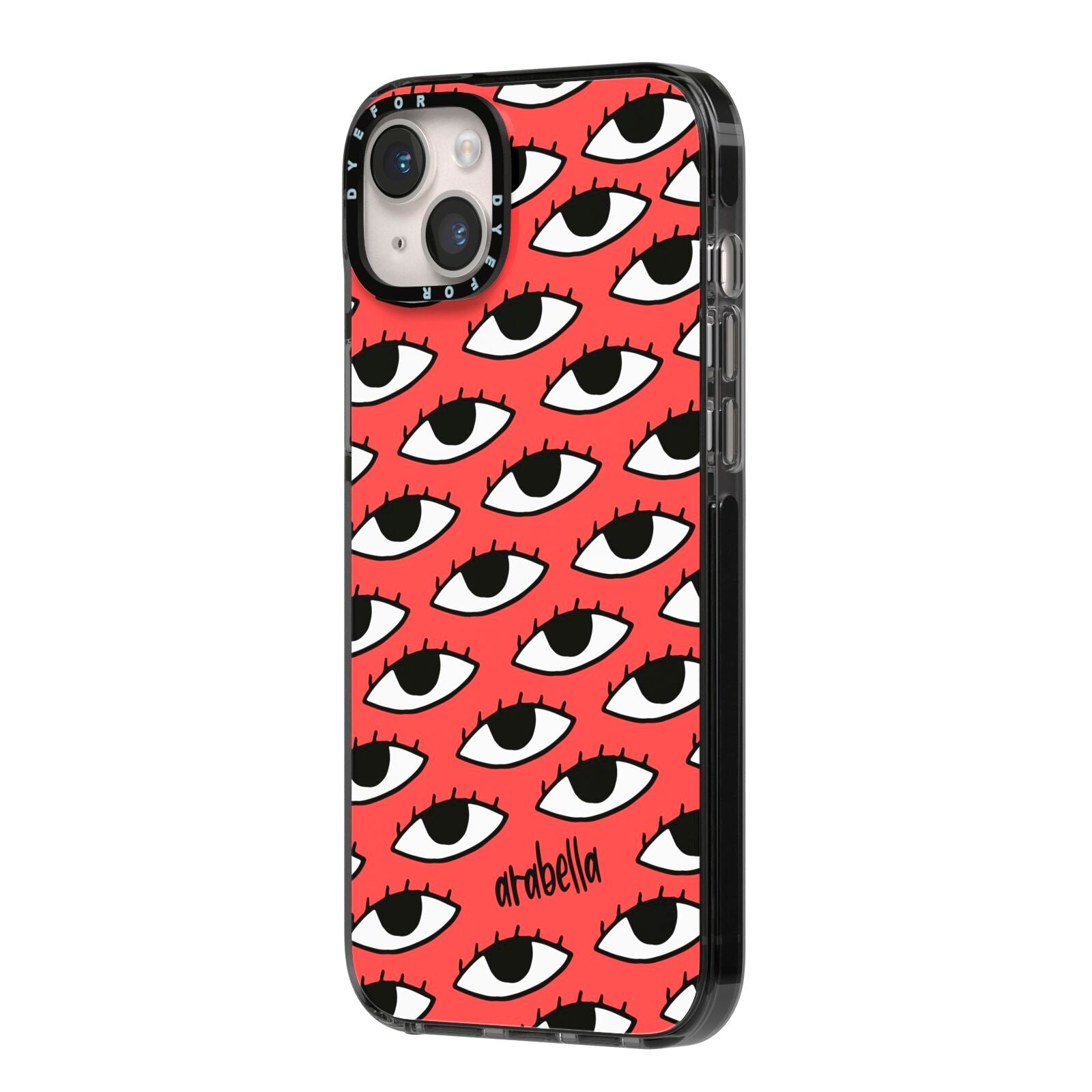 Red Eyes Custom iPhone 14 Plus Black Impact Case Side Angle on Silver phone