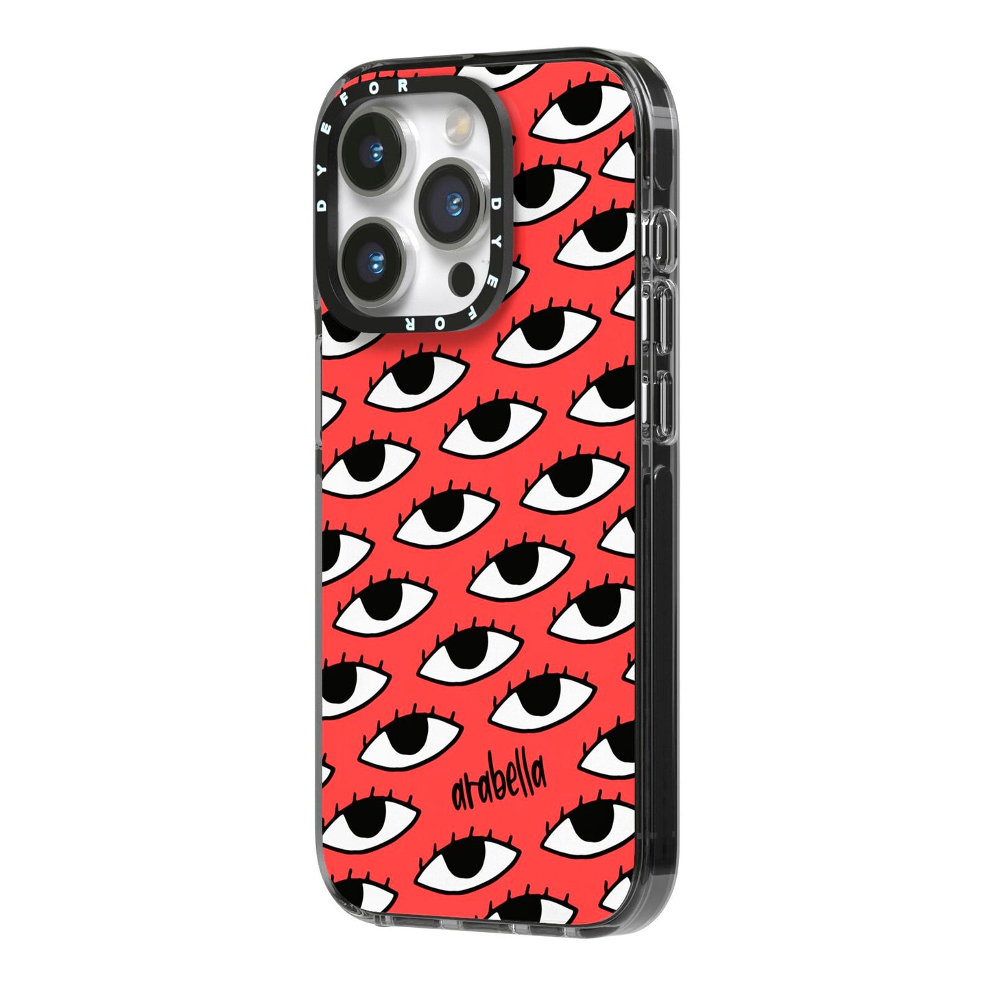 Red Eyes Custom iPhone 14 Pro Black Impact Case Side Angle on Silver phone