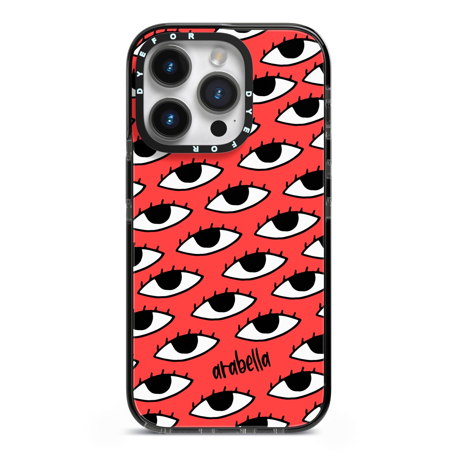 Red Eyes Custom iPhone 14 Pro Black Impact Case on Silver phone