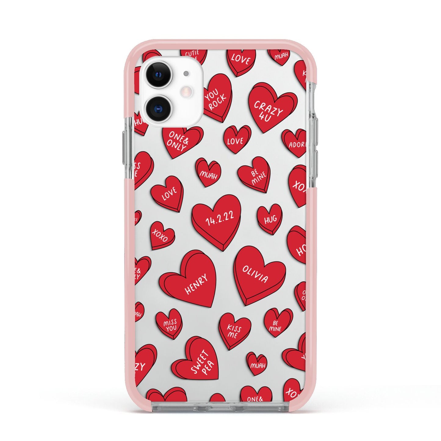 Red Hearts Couples Personalised Apple iPhone 11 in White with Pink Impact Case