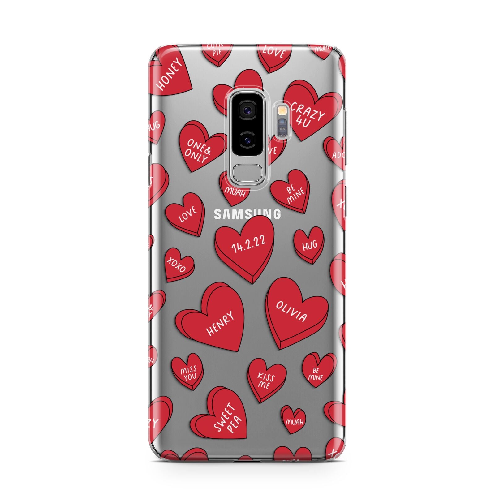 Red Hearts Couples Personalised Samsung Galaxy S9 Plus Case on Silver phone