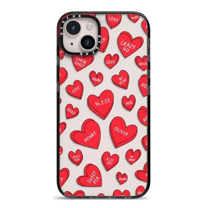 Red Hearts Couples Personalised iPhone 14 Plus Black Impact Case on Silver phone