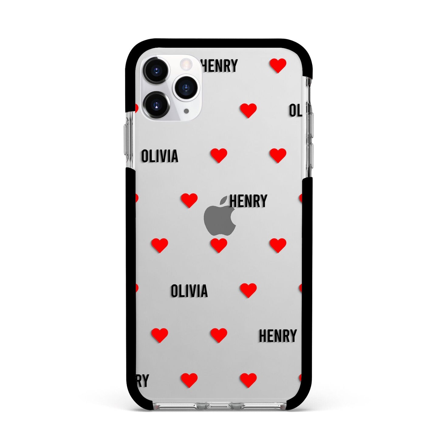 Red Hearts with Couple s Names Apple iPhone 11 Pro Max in Silver with Black Impact Case