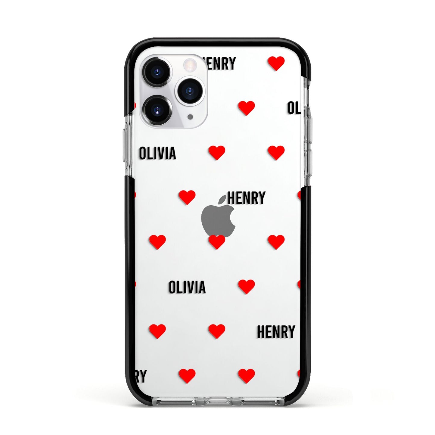 Red Hearts with Couple s Names Apple iPhone 11 Pro in Silver with Black Impact Case