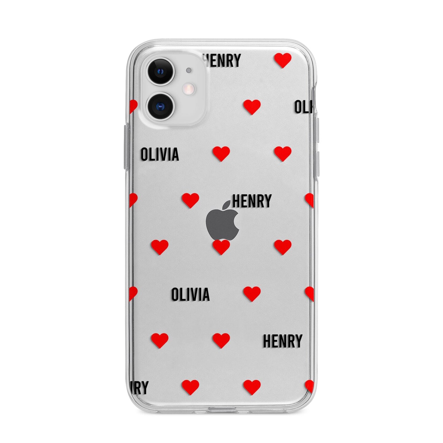 Red Hearts with Couple s Names Apple iPhone 11 in White with Bumper Case
