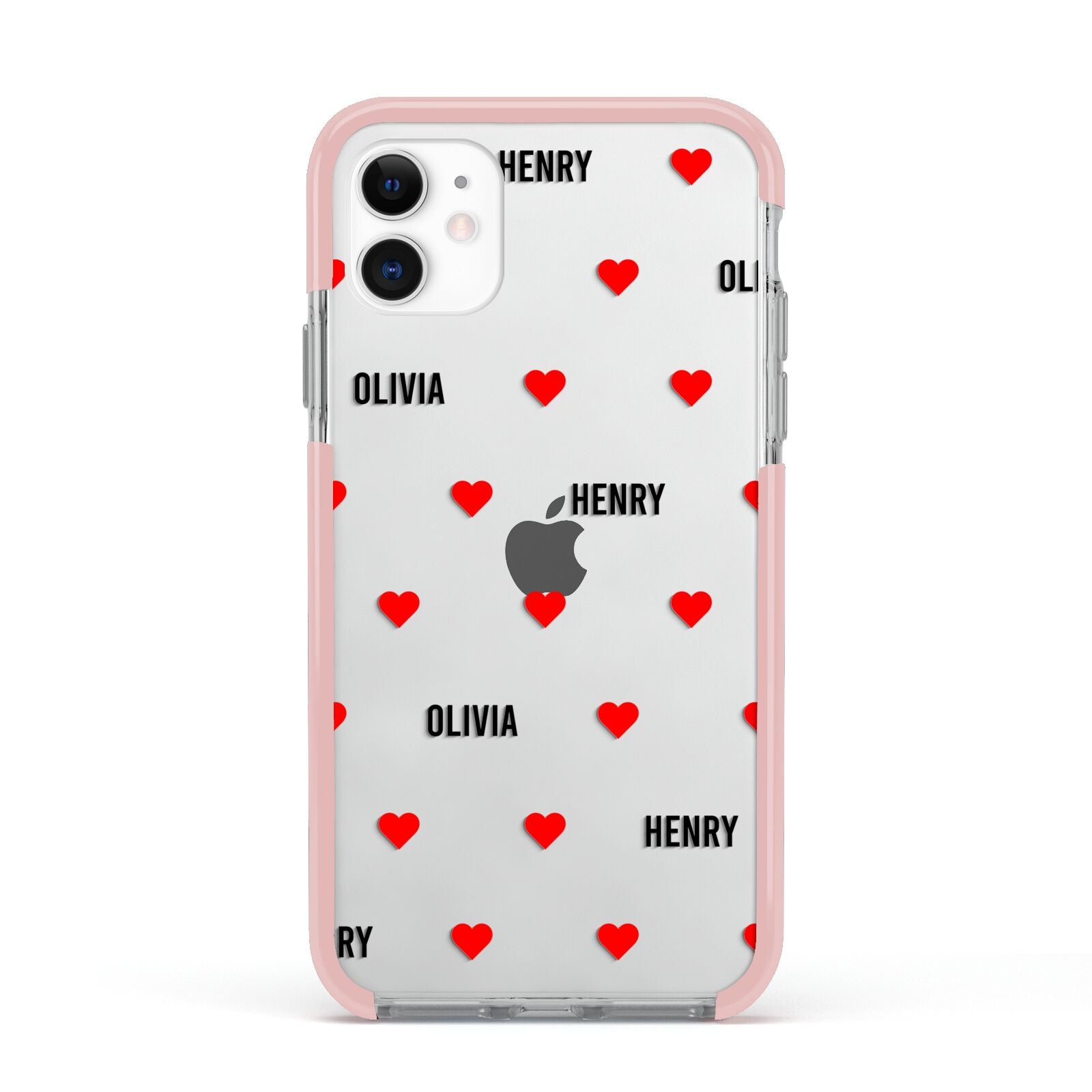 Red Hearts with Couple s Names Apple iPhone 11 in White with Pink Impact Case