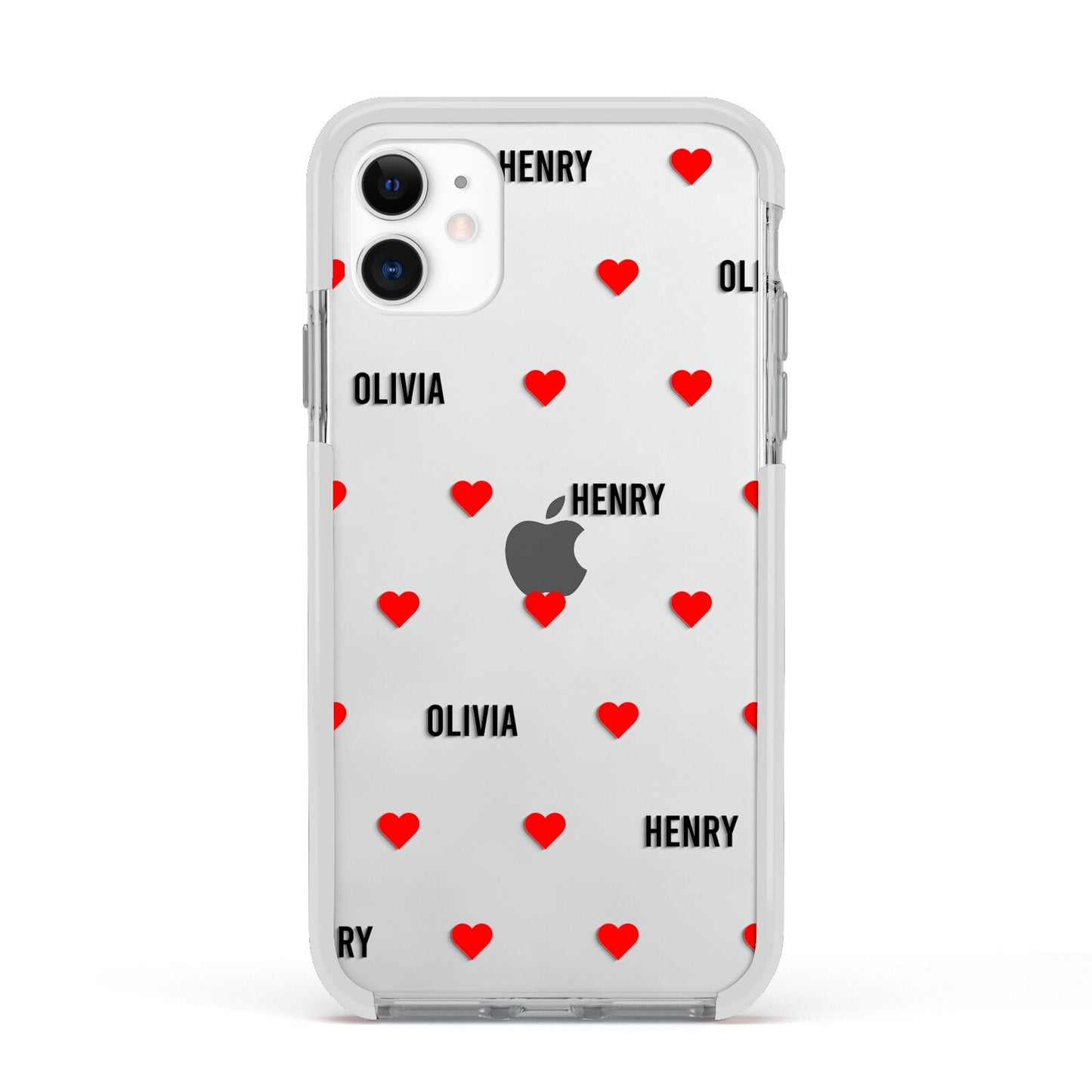 Red Hearts with Couple s Names Apple iPhone 11 in White with White Impact Case