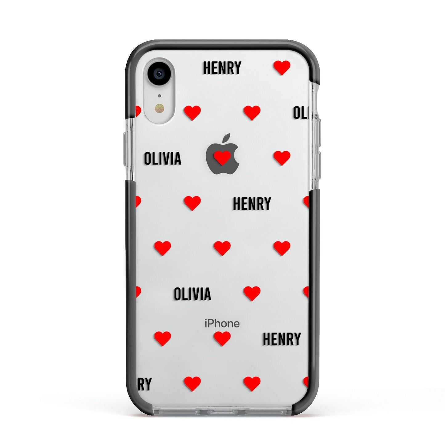 Red Hearts with Couple s Names Apple iPhone XR Impact Case Black Edge on Silver Phone