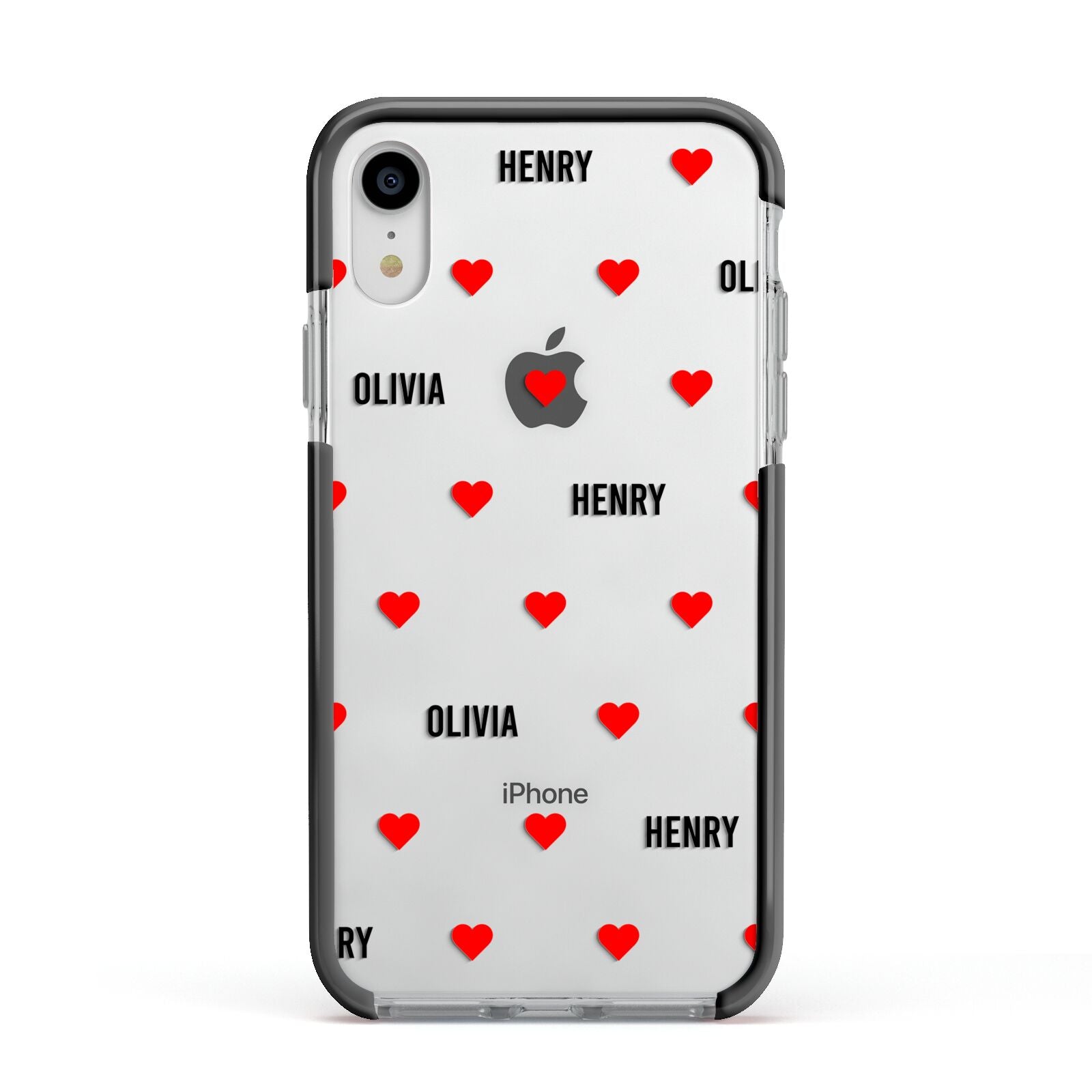 Red Hearts with Couple s Names Apple iPhone XR Impact Case Black Edge on Silver Phone