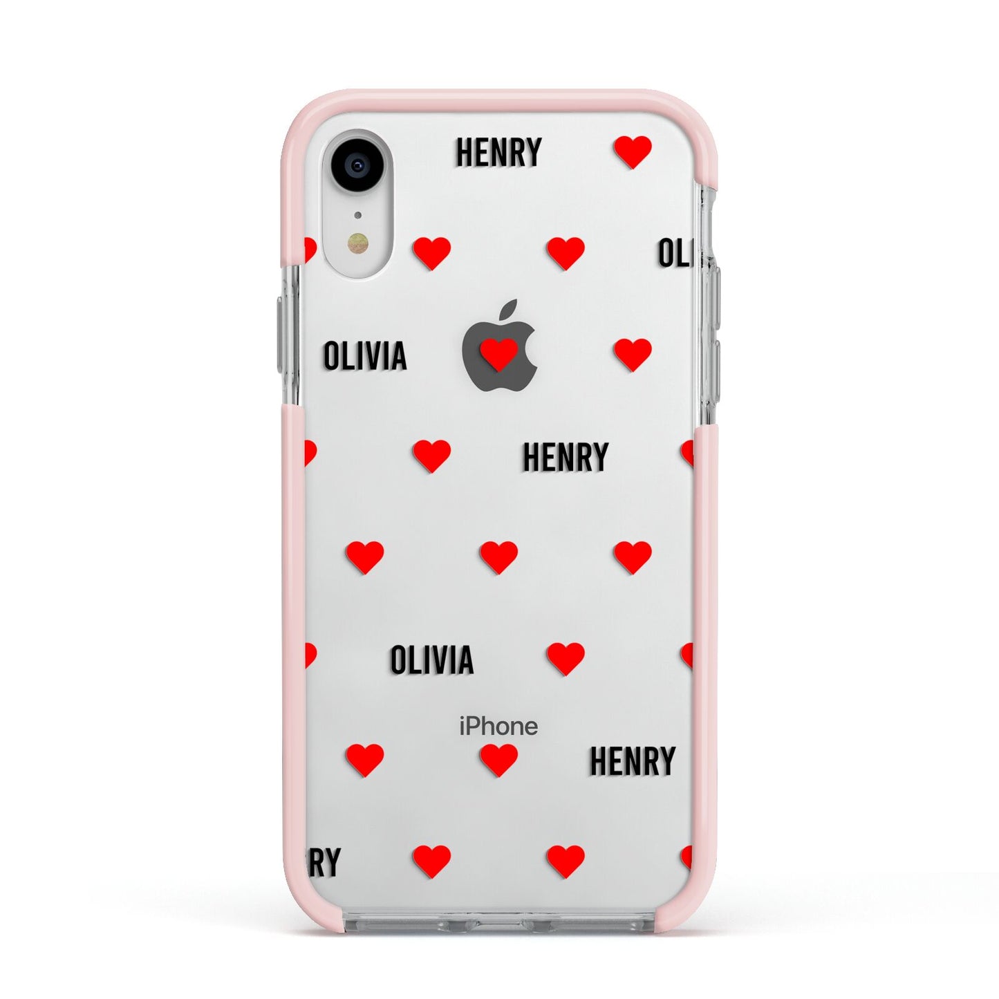 Red Hearts with Couple s Names Apple iPhone XR Impact Case Pink Edge on Silver Phone