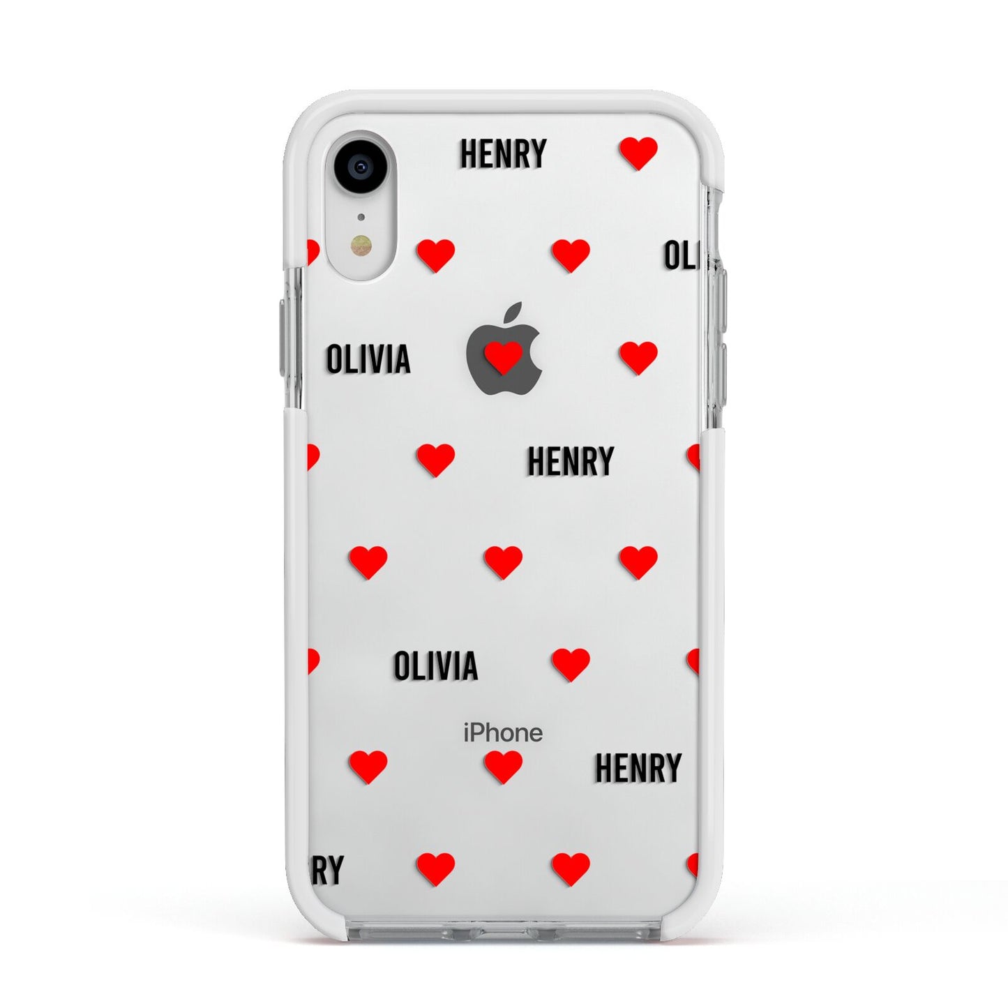 Red Hearts with Couple s Names Apple iPhone XR Impact Case White Edge on Silver Phone
