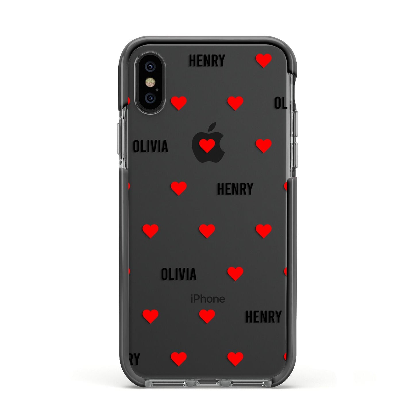 Red Hearts with Couple s Names Apple iPhone Xs Impact Case Black Edge on Black Phone