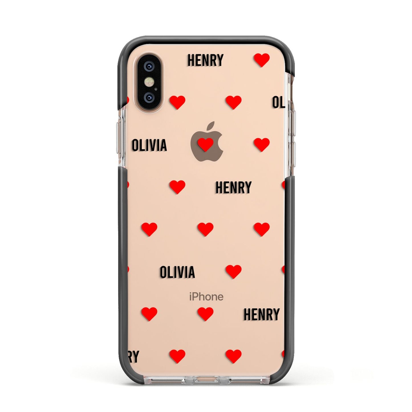 Red Hearts with Couple s Names Apple iPhone Xs Impact Case Black Edge on Gold Phone